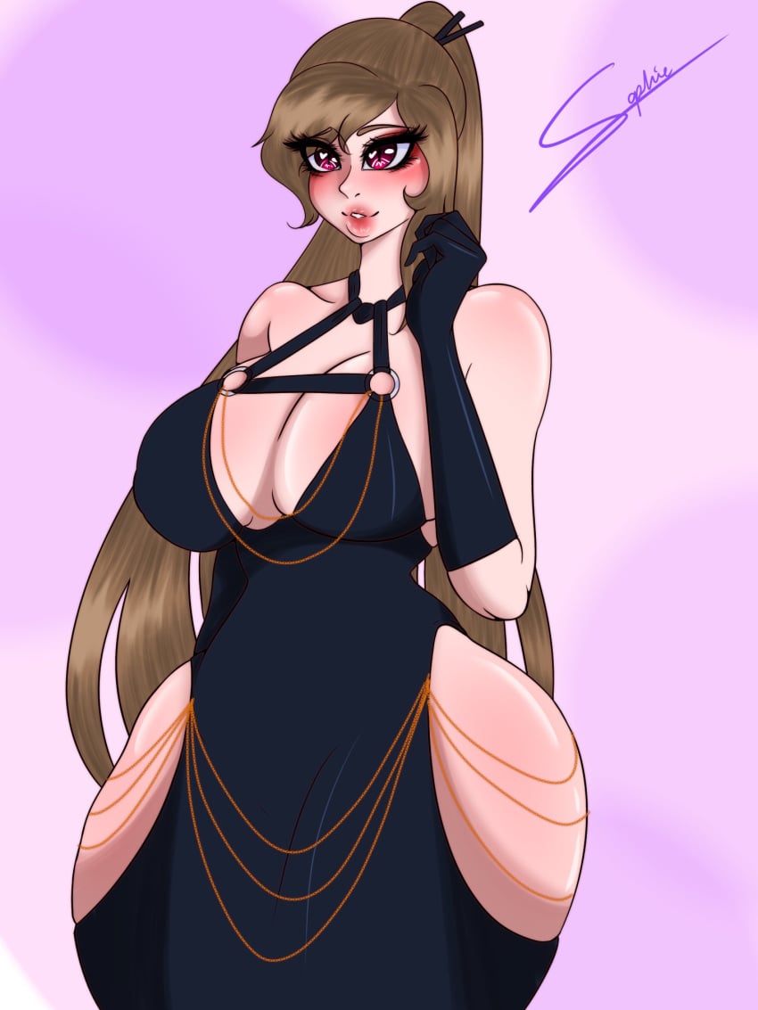 big_breasts black_dress black_gloves blush chains dress gloves long_hair meme meme_attire modakawa_dress original_character purple_eyes sophie_queen11 thick_thighs