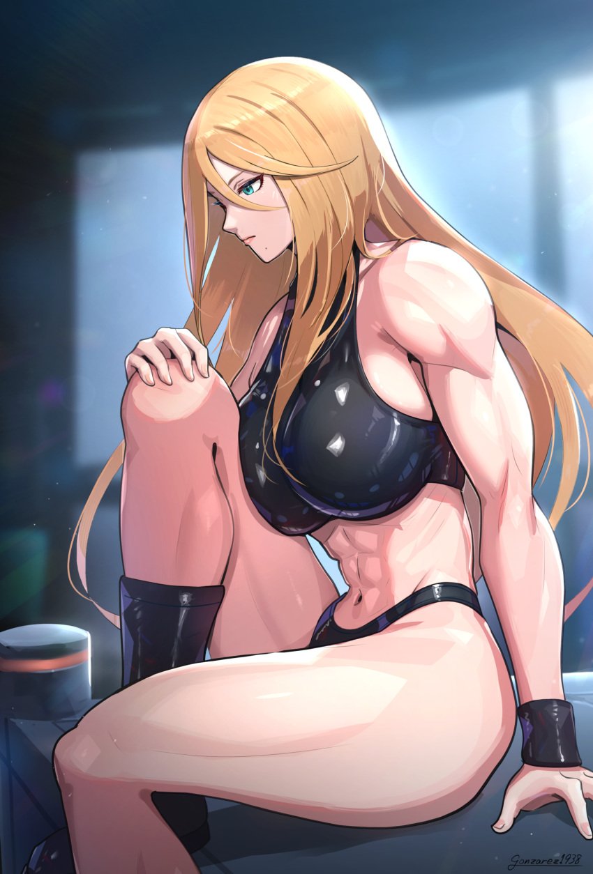 1girls abs blonde_hair blue_eyes breasts female gonzarez hi_res huge_breasts light-skinned_female light_skin long_hair metroid midriff muscular_female navel nintendo samus_aran super_metroid thick_thighs