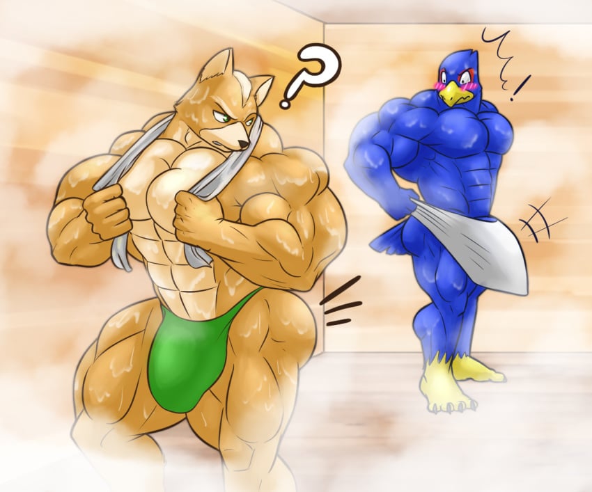 ! 2boys ? abs anthro ass avian biceps big_bulge big_muscles blush blushing bulge butt calves duo falco_lombardi fox fox_mccloud gay green_eyes guzreuef hiding_erection huge_bulge hyper hyper_muscle hyper_muscles looking_at_another looking_back male_only muscle muscles muscular muscular_arms muscular_legs muscular_male muscular_thighs nintendo pecs sauna speedo star_fox steam sweat sweaty tail thong towel towel_around_neck triceps