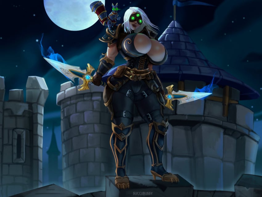 big_breasts big_thighs boob_window breasts bremonqueen dagger female_focus heels human human_(world_of_warcraft) night_vision_goggles oc original original_character short_hair solo_focus squirrel thighs warcraft weapon white_hair world_of_warcraft