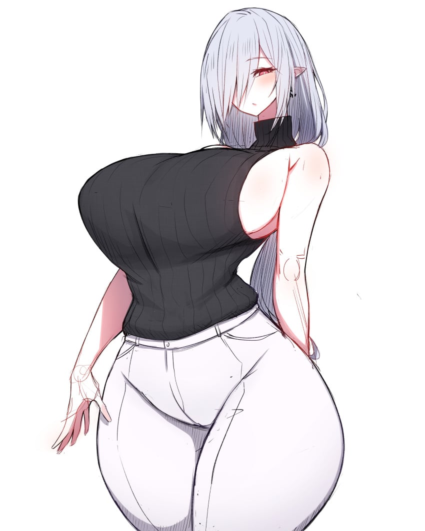 1girls arknights big_breasts blush blushing_at_viewer child_bearing_hips fat_ass female female_focus female_only gladiia_(arknights) huge_breasts jeans light-skinned_female light_skin long_hair looking_at_viewer massive_breasts one_eye_closed one_eye_covered one_eye_obstructed pointy_ears red_eyes rikuguma scoliosis sleeveless sleeveless_sweater tagme thick thick_ass thick_thighs thighs tight_clothes tight_clothing tight_fit tight_jeans tight_pants white_hair wide_hips