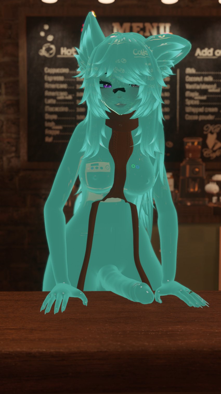 1futa 3d 3d_model animal_ears barista cafe content_creator futanari green_body green_hair green_skin large_penis looking_at_viewer maxi_the_muse slime slime_girl slime_monster virgin_killer_sweater vr_media vrchat vrchat_avatar vrchat_media vrchat_model