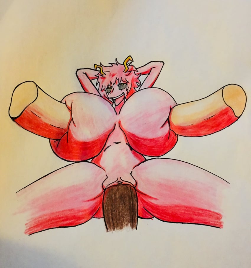 ahegao black_sclera breasts horns huge_breasts large_penis mina_ashido my_hero_academia nipple_penetration penis pink_hair pink_skin s3_studios traditional_art traditional_media traditional_media_(artwork) triple_penetration