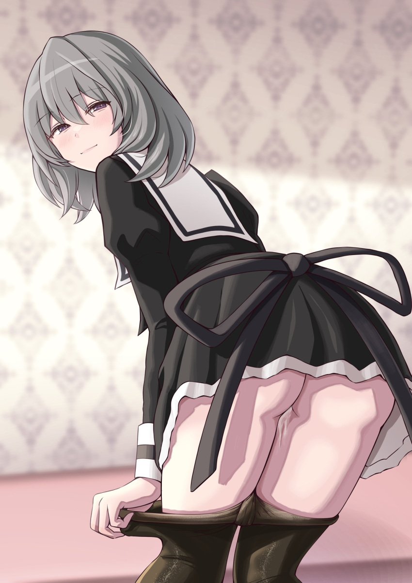 ass assault_lily black_pantyhose black_skirt blurry blurry_background blush chin_gero clothes_pull commentary_request cropped_jacket cum cum_in_pussy cumdrip feet_out_of_frame female from_behind grey_hair hair_between_eyes half-closed_eyes hata_matsuri high-waist_skirt highres implied_after_sex indoors juliet_sleeves leaning_forward light_smile long_sleeves looking_at_viewer looking_back medium_hair no_panties pantyhose pantyhose_pull puffy_sleeves pulled_by_self purple_eyes school_uniform skirt solo standing yurigaoka_girls_academy_school_uniform