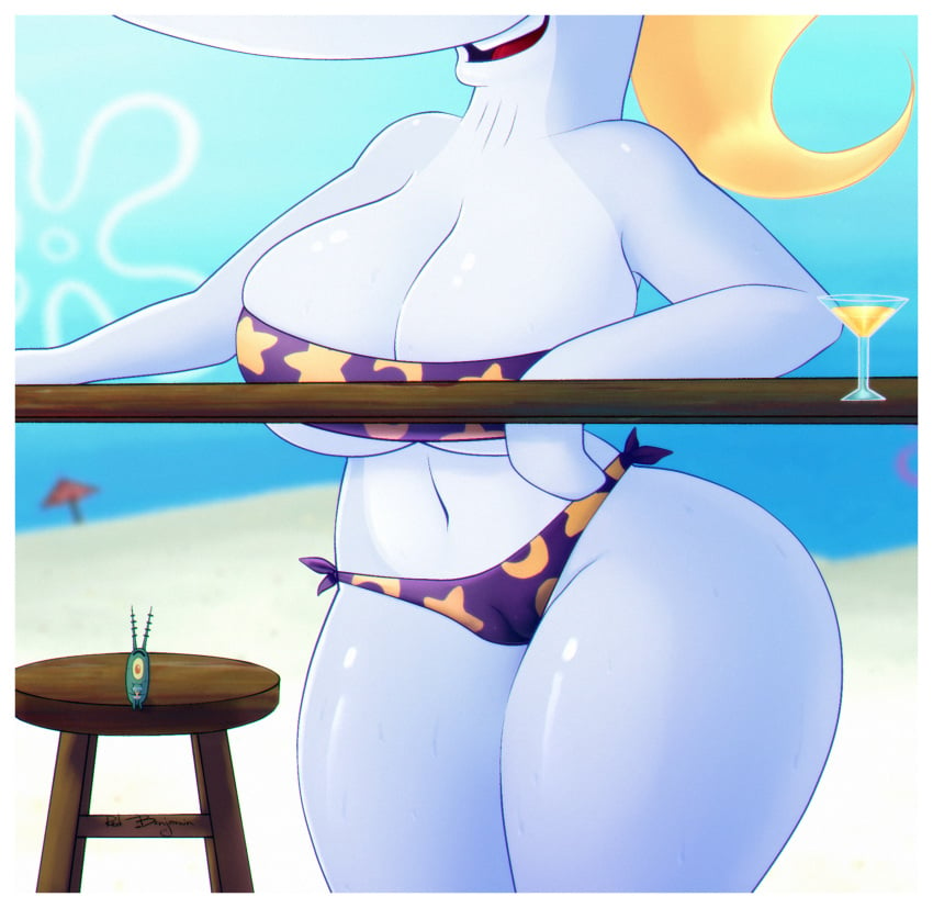 1_eye antennae anthro artist_signature bandeau_bikini big_ass big_breasts big_hips big_thighs bikini blonde_hair blurred_background busty cameltoe cetacean cleavage cocktail_glass copepod drink duo female front_view furry green_body holding_drink larger_female long_hair looking_at_viewer male marine midriff multicolored_body open_mouth outdoors pearl_krabs physeteroid plankton_(species) red_eye redbenjamin sheldon_j._plankton sitting size_difference smaller_male sperm_whale spongebob_squarepants standing stool swimsuit table three-quarter_portrait whale white_border