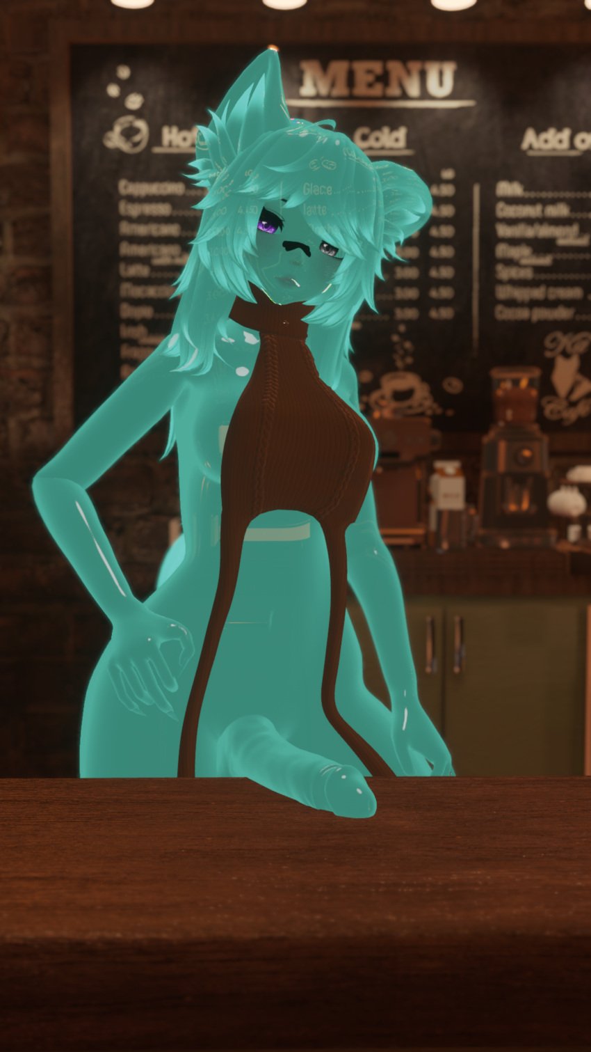 1futa 3d 3d_model animal_ears barista cafe content_creator futanari green_body green_hair green_skin large_penis looking_at_viewer maxi_the_muse slime slime_girl slime_monster virgin_killer_sweater vr_media vrchat vrchat_avatar vrchat_media vrchat_model