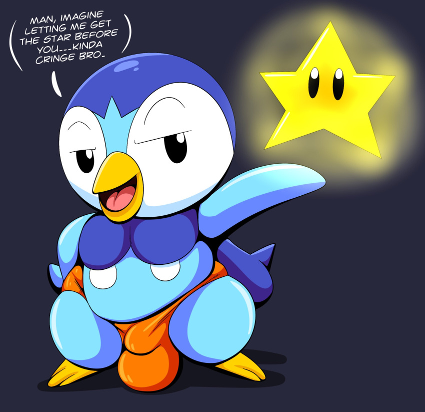 2023 arrogant avian bulge dialogue funny holding_object humanoid_penis mob_face piplup pokémon_(species) pokemon pokemon_(species) real_person semi-anthro smug starman_(mario) tcnick3 tepigfan101 underwear youtube youtuber