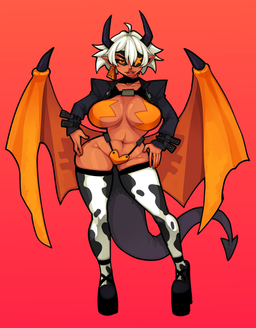 big_breasts blue_pigment clothed_female demon horns short_hair succubus_horns succubus_tail succubus_wings white_hair wings