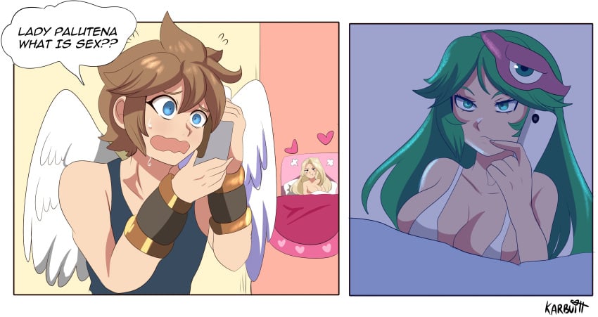 1boy 2girls absurd_res angel_wings blonde_hair blue_eyes brown_hair female funny green_eyes green_hair heart karbuitt kid_icarus kid_icarus_uprising male nintendo on_bed open_mouth palutena pit_(kid_icarus) talking_on_phone two_panel_image unamused viridi wavy_mouth wings worried worried_expression