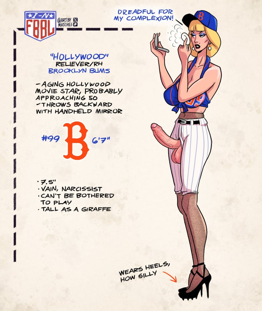 1futa artbymatches balls baseball_cap baseball_uniform big_breasts big_penis blonde_hair breasts character_sheet clothed clothing erect_penis erection futa_only futanari high_heels human light-skinned_futanari light_skin makeup mature_futa measurements model_sheet mostly_clothed narcissism partially_retracted_foreskin penis saggy_breasts skinny_futanari solo standing stiletto_heels text uncensored uncut veiny_penis