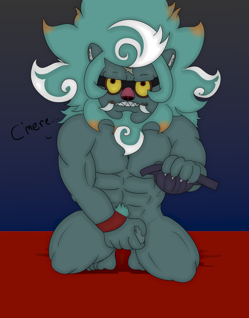 absurd_res anthro baraknightmare barazoku big_muscles clothing fangs feline gowin_(yo-kai_watch) grabbing hi_res jockstrap kneeling lion looking_at_viewer male male_only mammal muscular muscular_male nude penis pubes sharp_teeth simple_background solo teeth underwear video_games yo-kai_watch