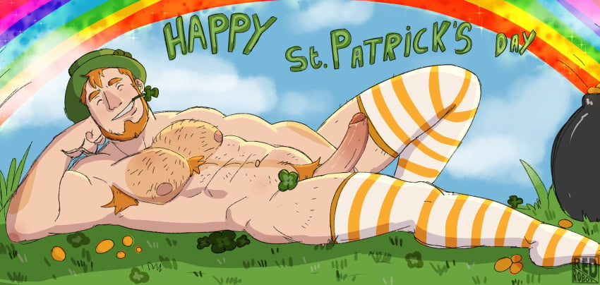 armpit_hair balls beard boner chest_hair closed_eyes erection facial_hair four_leaf_clover ginger_hair leprechaun lying_on_back male male_only male_pubic_hair masculine orange_hair penis red_robot solo solo_male st._patrick's_day stockings