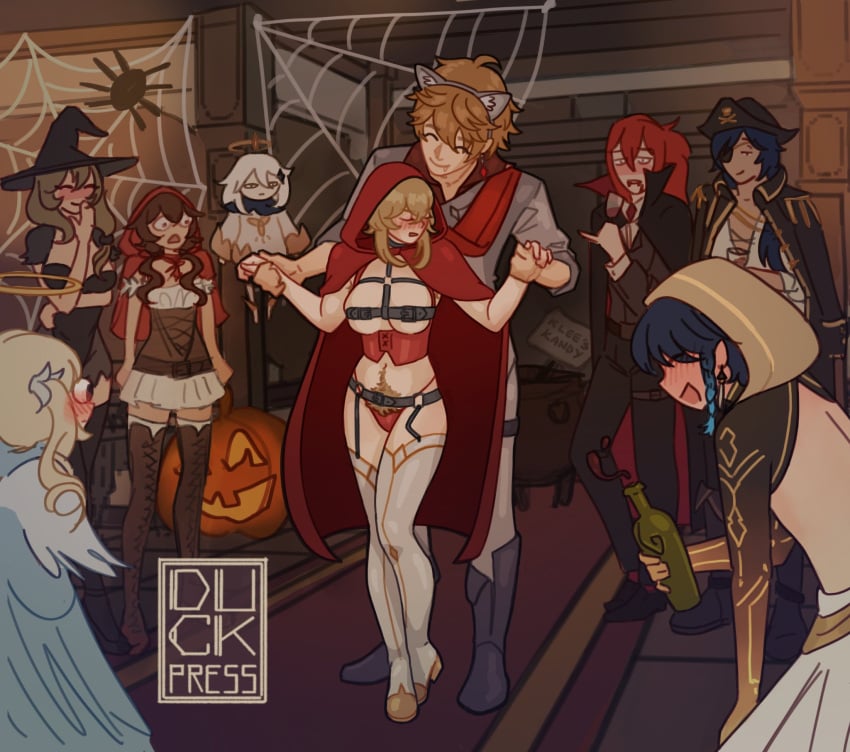 amber_(genshin_impact) barbara_(genshin_impact) blush childe_(genshin_impact) costume crowd diluc_(genshin_impact) drunk duckpress embarrassed fanon_couple female genshin_impact halloween halloween_costume hoyoverse jack-o'-lantern kaeya_(genshin_impact) lisa_(genshin_impact) little_red_riding_hood_(cosplay) lumine_(genshin_impact) male male/female mihoyo multiple_boys multiple_girls pirate_hat pirate_outfit pubic_hair pumpkin skimpy_clothes straight tartaglia_(genshin_impact) witch_costume witch_hat wolf_ears