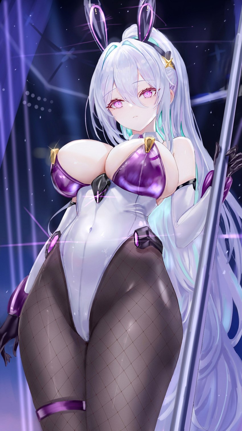 1girls age_fx azur_lane breasts bunnysuit eagle_union_(azur_lane) fake_animal_ears fake_rabbit_ears female_only huge_breasts kearsarge_(all-night_charge)_(azur_lane) kearsarge_(azur_lane) light-skinned_female light_skin long_hair purple_eyes thick_thighs white_hair