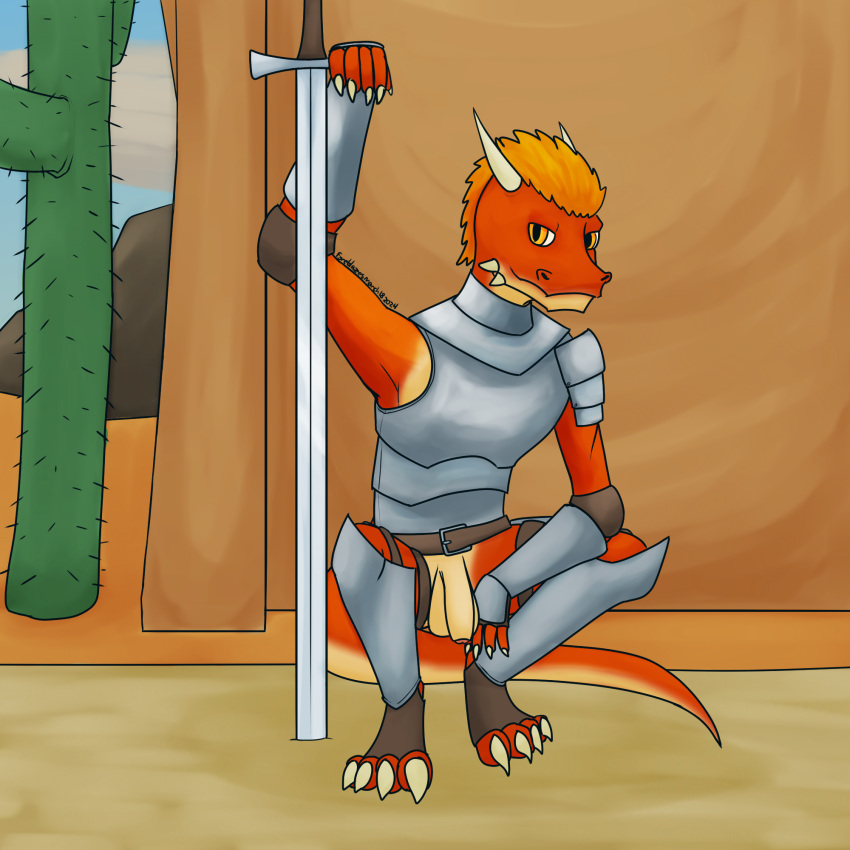 anthro armor bottomless casual_exposure casual_nudity clothed clothing fyreblazes genitals hair hi_res kobold male male_only melee_weapon nude orange_eyes orange_hair penis public public_nudity red_body scalie solo sword weapon