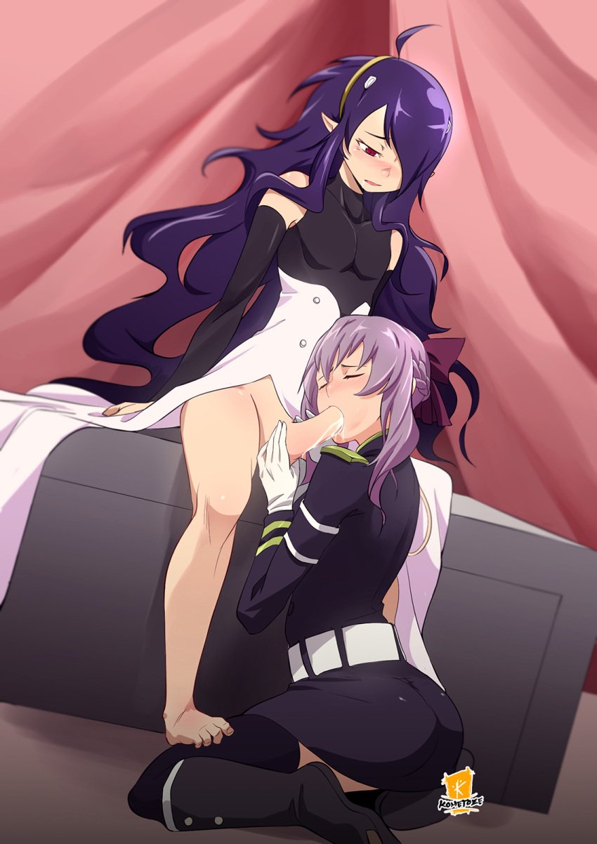 1boy 1girls asuramaru cum cum_in_mouth dress fellatio female femboy femboy_on_female girly hetero hiiragi_shinoa kometoze male male/female oral owari_no_seraph pointy_ears straight trap uniform