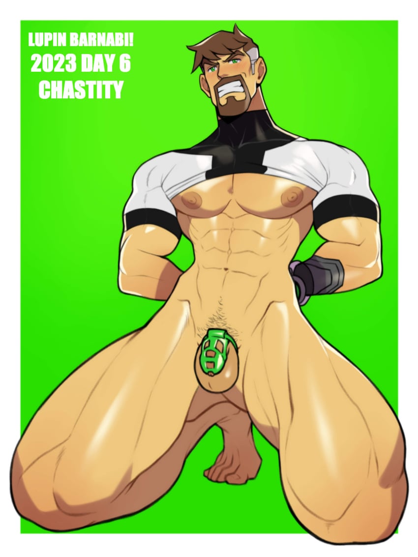 balls bara beard ben_10 ben_10000 ben_tennyson blush chastity_cage chastity_device daddy facial_hair flaccid hands_behind_head lupin_barnabi male male_only manly muscles muscular on_knees pantsless penis solo solo_male