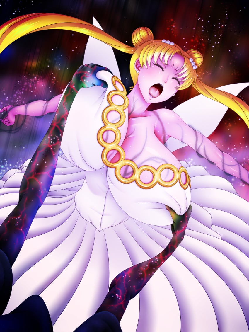 arms_held_back bishoujo_senshi_sailor_moon blonde_hair breast_grab breasts closed_eyes clothed clothing dress earrings enormous_breasts galaxy grabbing grabbing_breasts groping_breasts hacchake_yarou_a_team hair_ornament hatchake_taro huge_breasts large_breasts neo_queen_serenity open_mouth screaming shadow tongue twintails usagi_tsukino