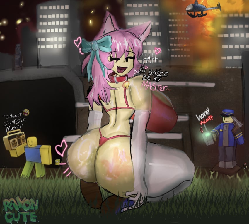 1girls 2024 alternate_version_at_source bell_collar bow cat_ears collar dj_(tds) ear fire large_breasts neko neko_dj pink_hair rayon_cute roblox roblox_game robloxian source_request speech tagme tagme_(artist) talking_to_viewer thick_thighs thigh_highs thong tower_defense_simulator