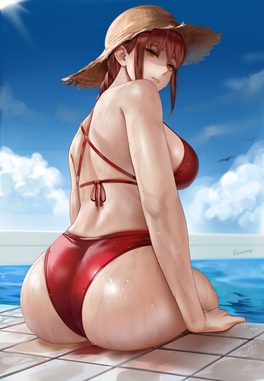 1girls alternate_costume ass ass_focus bare_back bare_shoulders big_ass bikini blue_sky breasts chainsaw_man cloud cloudy_sky commentary_request dat_ass easonx fat_ass female from_behind hat highres huge_ass large_breasts looking_at_viewer looking_back makima_(chainsaw_man) medium_hair nape outdoors pool poolside red_bikini red_hair sky solo sun_hat swimsuit thick_ass water wet