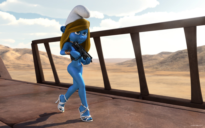1girls 3d alternate_version_available artist_name bantha-ii_cargo_skiff bare_shoulders big_breasts blaster blonde_hair blue_eyes blue_lips blue_skin bracer breasts busty choker crossover curvy day detailed_background eyelashes female female_only front_view gun hat high_heels holding_object hourglass_figure humanoid kondaspeter mammal naked naked_footwear naked_hat nude outdoors outside pose posing shadow shiny shiny_skin smurfette solo star_wars tatooine the_smurfs voluptuous walking weapon wide_hips yellow_hair
