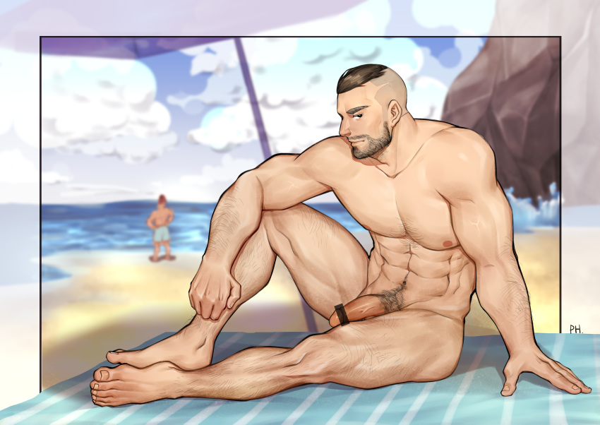 1boy bar_censor barefoot beach full_body male male_focus male_only nude outdoors penis peterhl public sand sitting smile solo_focus tagme