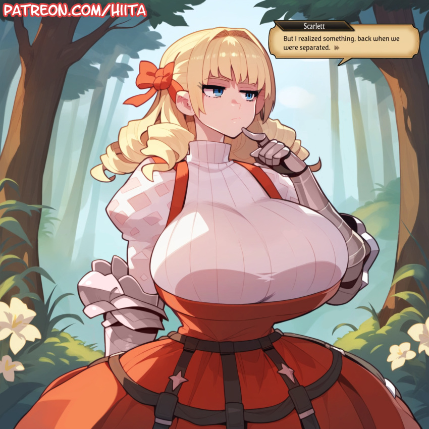 ai_generated armored_dress blonde_hair blue_eyes english hiita_(hitta_99) huge_breasts scarlett_(unicorn_overlord) text unicorn_overlord vanillaware