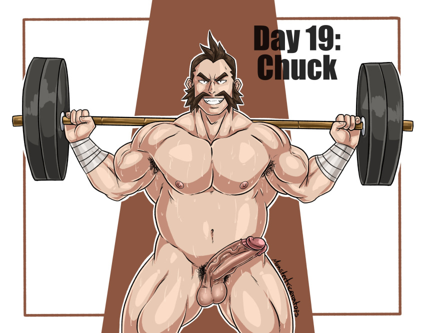 balls bara boner chuck_(pokemon) erection facial_hair male male_only muscles muscular nintendo nude penis pokemon solo solo_male sweat sweating triceramonster weightlifting