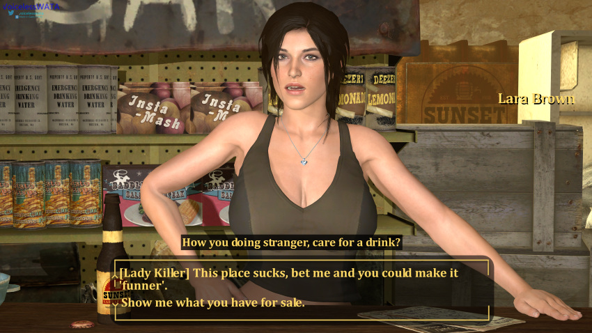 1girls 3d athletic athletic_female bar bethesda_softworks big_breasts breasts british british_female brown_eyes brown_hair brunette clothed dialogue dialogue_box embracer_group european european_female eye_contact fallout female fit fit_female gameplay_mechanics gui hand_on_hip hand_on_table imminent_oral lara_croft lara_croft_(survivor) light-skinned_female looking_at_viewer necklace ponytail pov tank_top text tied_hair tomb_raider tomb_raider_(survivor) voicelesswata