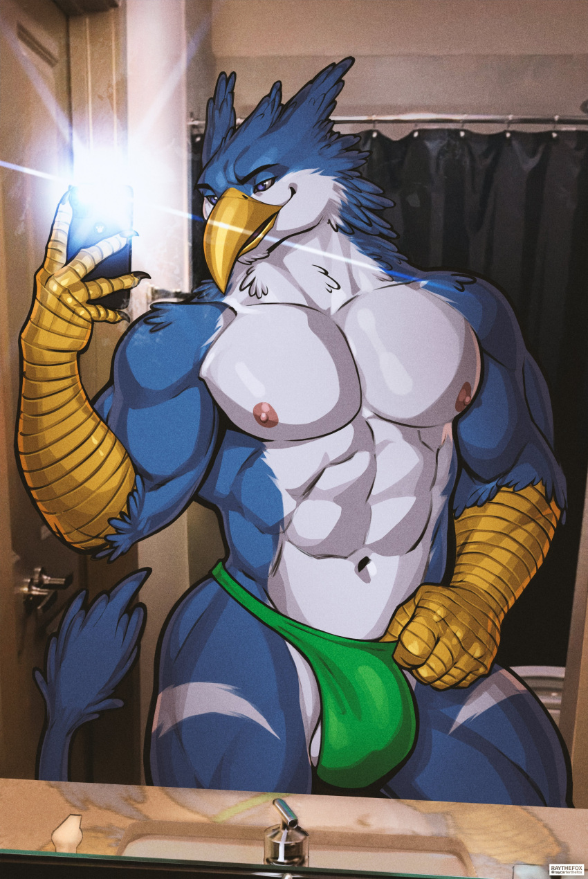 absurd_res avian bathroom beak clothing digital_drawing_(artwork) digital_media_(artwork) gryphon hi_res jockstrap male mirror_selfie multicolored_body muscular muscular_male mythological_avian mythological_creature mythology navel nipples photo_background photography_(artwork) raythefox selfie solo solo_male standing tail two_tone_body underwear