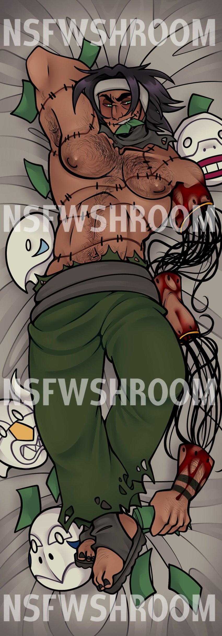 bileshroom body_horror clothed dakimakura dakimakura_pose fanart highres kakuzu money naruto naruto_(classic) naruto_(series) naruto_shippuden nsfwshroom on_bed posing posing_for_the_viewer sfw sheet_grab sheets shirtless shirtless_male solo_male stitch_(sewing) suggestive