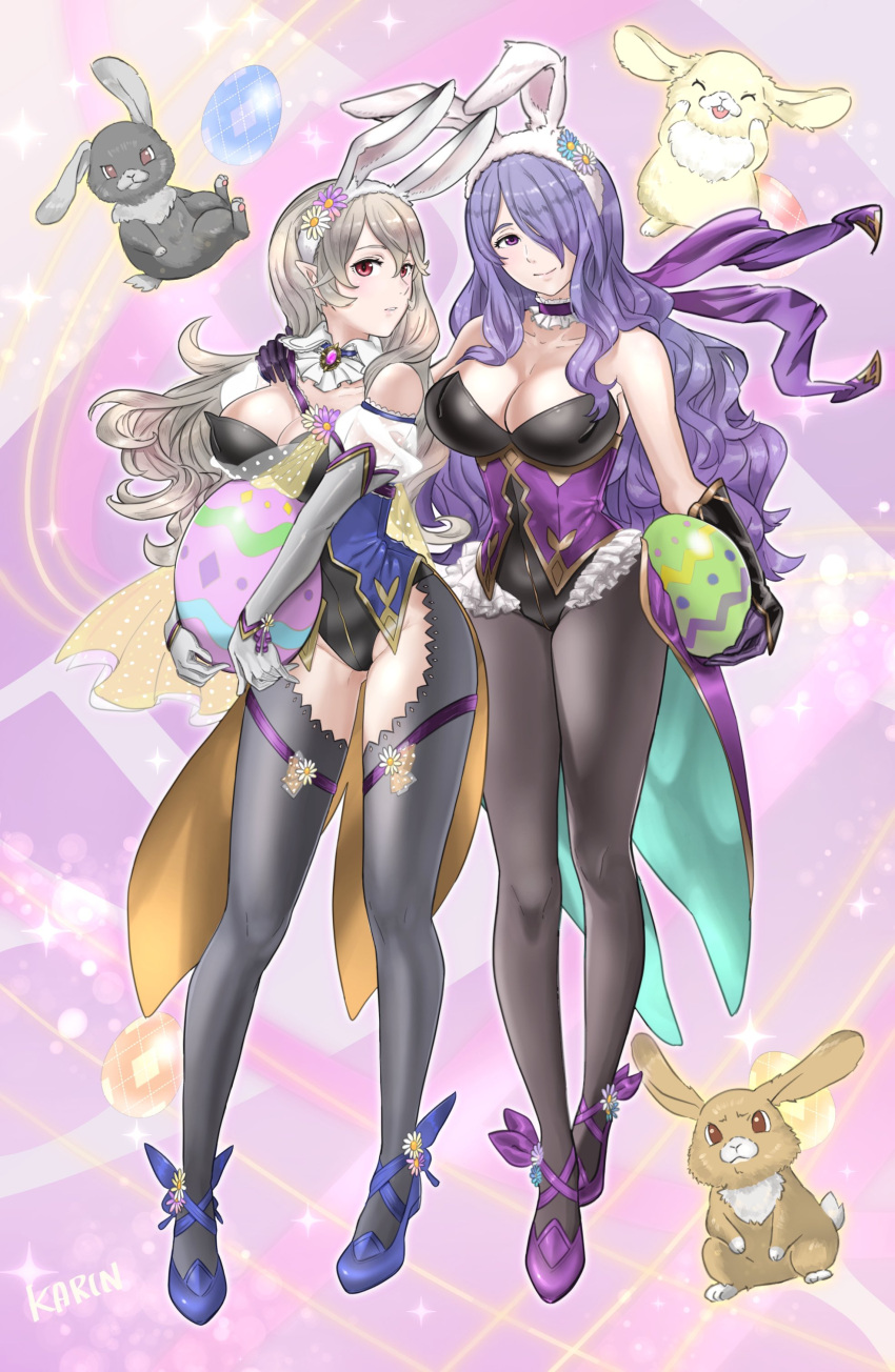 2girls 6nutqd2kwd0iqcl absurdres alternate_costume animal_ears ass_visible_through_thighs bare_shoulders bare_thighs black_leotard black_thighhighs breasts bunny_ears bunny_girl bunnysuit camilla_(fire_emblem) camilla_(spring)_(fire_emblem) cleavage collarbone corrin_(female)_(fire_emblem) corrin_(fire_emblem) corrin_(fire_emblem)_(female) easter easter_egg egg elbow_gloves fake_animal_ears female female_only fire_emblem fire_emblem_fates fire_emblem_heroes gloves grey_gloves grey_hair groin hair_over_one_eye hairband highres inner_thighs large_breasts leotard long_hair looking_at_viewer multiple_girls nintendo official_alternate_costume pantyhose playboy_bunny pointy_ears purple_background purple_eyes purple_gloves purple_hair rabbit rabbit_ears red_eyes smile thick_thighs thighhighs thighs very_long_hair