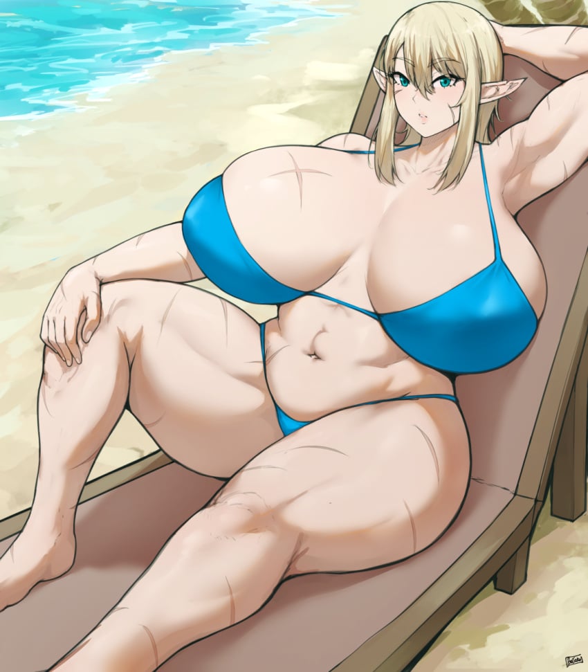 1girls alternate_version_available batako big_breasts bikini blonde_hair breasts curvaceous curvy elf elf-san_wa_yaserarenai elf_ears elf_female eyebrows_visible_through_hair female female_focus green_eyes huge_breasts large_breasts looking_at_viewer mature_female medium_hair muscular_female oeda scar scar_on_arm scar_on_chest scar_on_face scar_on_leg scar_on_stomach scars_all_over slightly_chubby solo solo_female solo_focus swimsuit thick_thighs thighs voluptuous