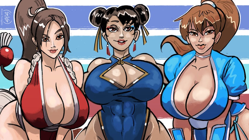 3girls abs ass big_ass big_breasts breasts breasts_bigger_than_head brown_eyes brown_hair buns busty capcom chinese_clothes chinese_dress chinese_female choker chun-li cleavage clothed crossover curvy curvy_female curvy_figure cutout dead_or_alive earrings eyeshadow female female_only fighter fighting_game ginger_hair girls_only huge_breasts kasumi_(doa) king_of_fighters large_breasts long_hair looking_at_viewer mai_shiranui makeup mister_feelgood multiple_girls muscular muscular_female ninja ninja_girl ponytail revealing_clothes smile street_fighter thick_thighs thighs tight_clothing trio voluptuous voluptuous_female wide_hips