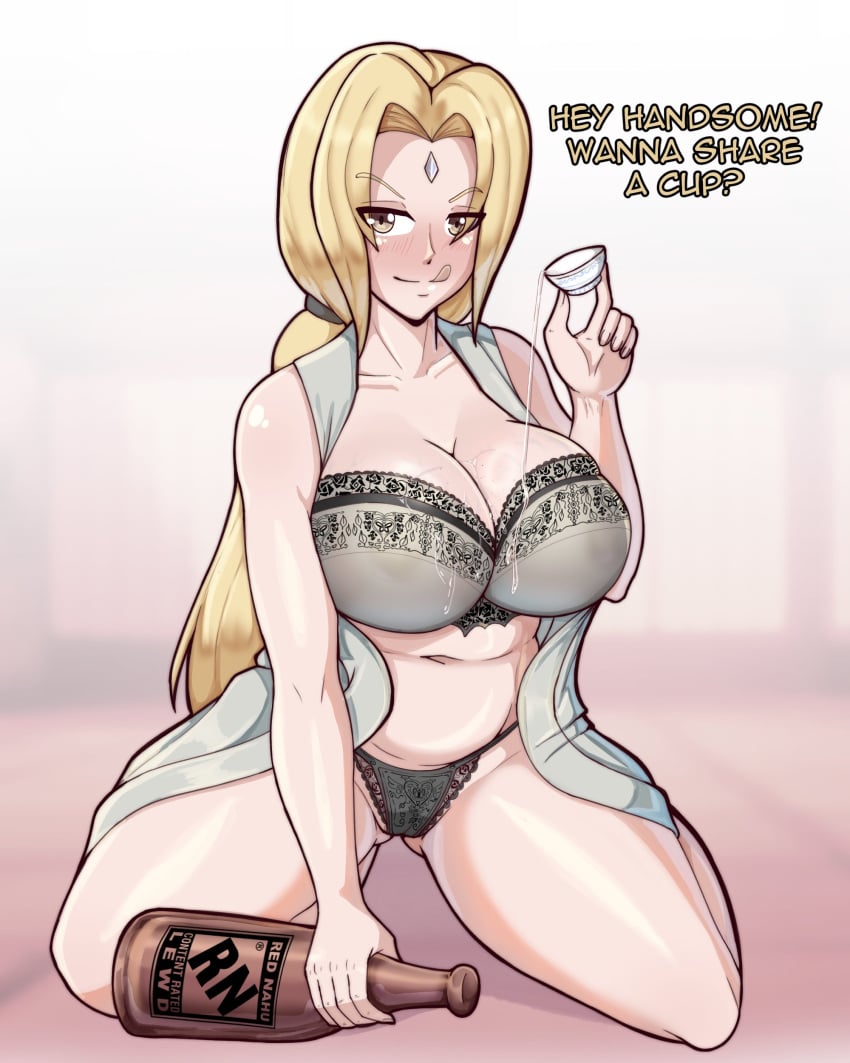 1girls alternate_version_available big_breasts black_bra black_panties blonde_hair blush bottle bottomwear bra breasts brown_eyes cleavage english english_text female female_only forehead_jewel hair holding_bottle huge_breasts lace lace-trimmed_bra lace-trimmed_panties lace_trim lingerie mature mature_female mature_woman milf nahusmash naruto naruto_(series) open_robe panties pouring pouring_on_self robe sake solo solo_female text thighs tongue tongue_out topwear tsunade