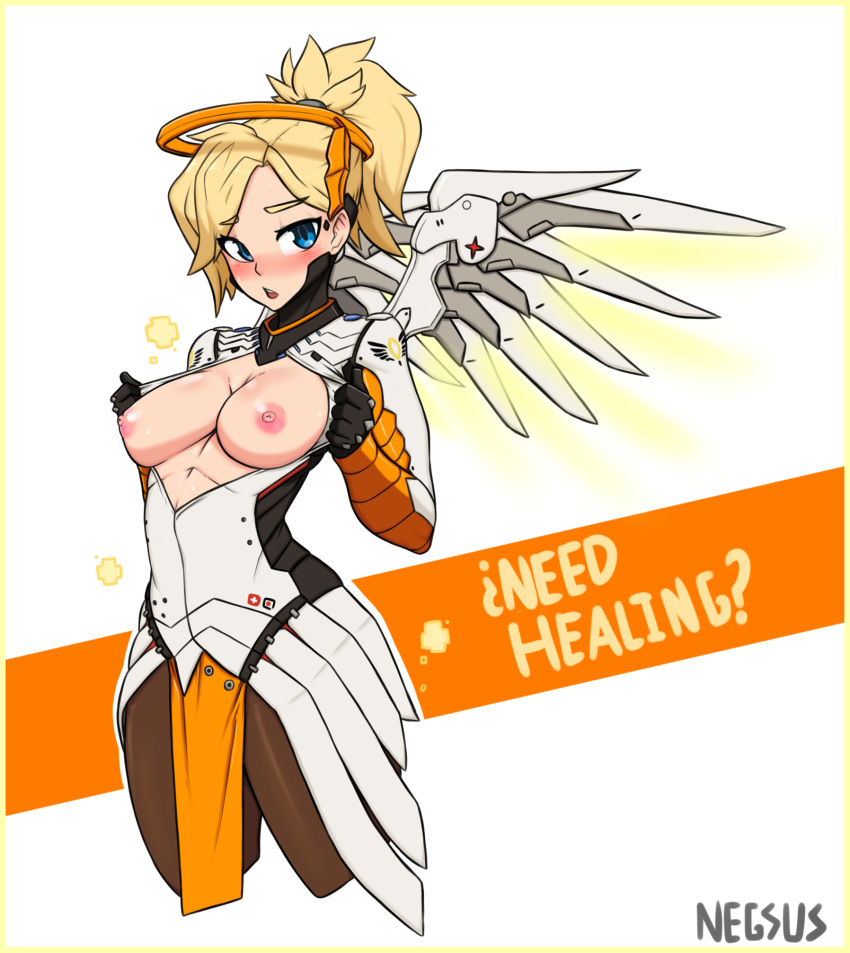 1girls angela_ziegler areolae blizzard_entertainment blonde_hair blue_eyes blush breasts female female_only looking_at_viewer mercy negsus nipples open_shirt overwatch text