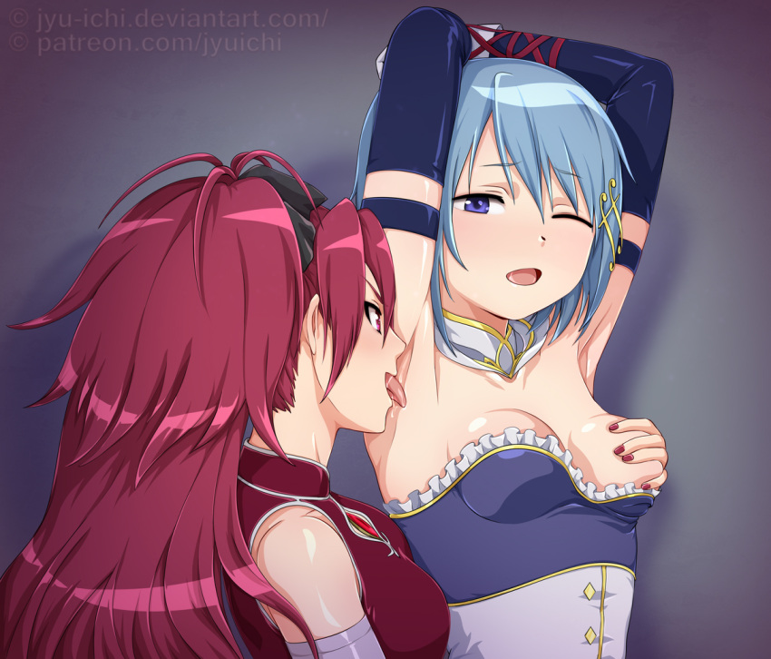 2girls armpit_fetish armpit_licking armpit_sniffing armpits blue_eyes blue_hair breast_grab breasts female female_only human jyuichi licking licking_armpit long_hair mahou_shoujo_madoka_magica miki_sayaka multiple_girls puella_magi_madoka_magica red_eyes red_hair sakura_kyouko short_hair young yuri