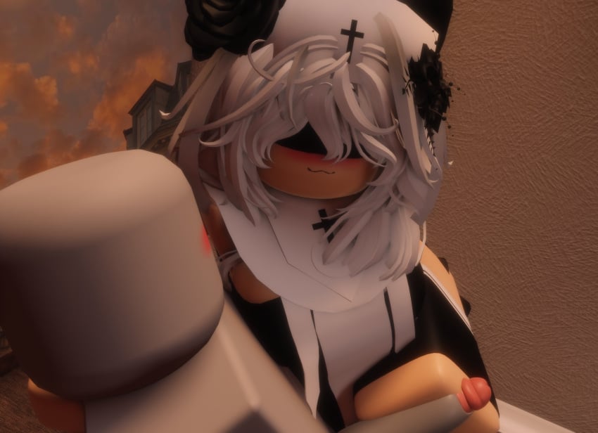 1boy 1girls 3d blindfold blush breasts dress female female_focus flower_in_hair holding_penis light-skinned_female light-skinned_male light_skin looking_at_partner male mommy_kink niki_okarin nun nun's_habit nun_hat penis roblox roblox_avatar robloxian shoulderless_dress smug_face thick_thighs thighhighs thighs white_hair