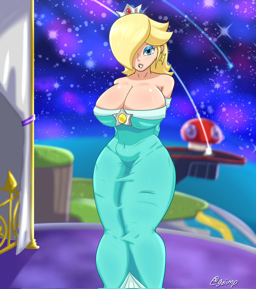 big_ass big_breasts boob_window casual casual_nudity clothed female female_only geiimp mario_(series) nintendo no_bra princess_rosalina public public_nudity super_mario_galaxy teasing