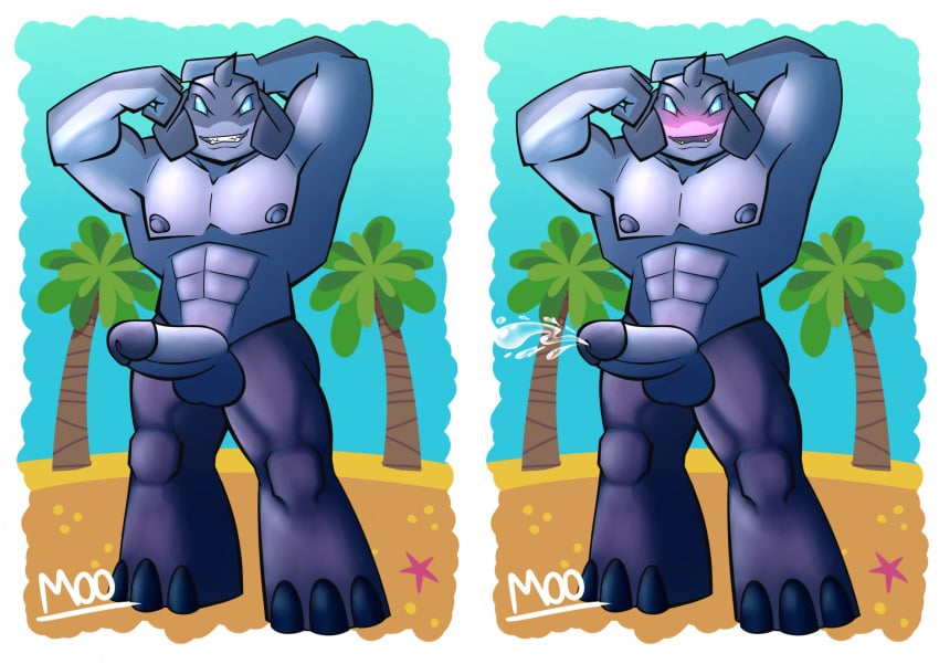 alien alien_humanoid anthro balls biceps big_muscles big_penis blue_body blush bodily_fluids cum digital_media_(artwork) disney ejaculation erection flexing gantu genital_fluids genitals hi_res humanoid lilo_and_stitch male male_only muscular muscular_male nipples nude open_mouth penis simple_background smile solo torito_moo