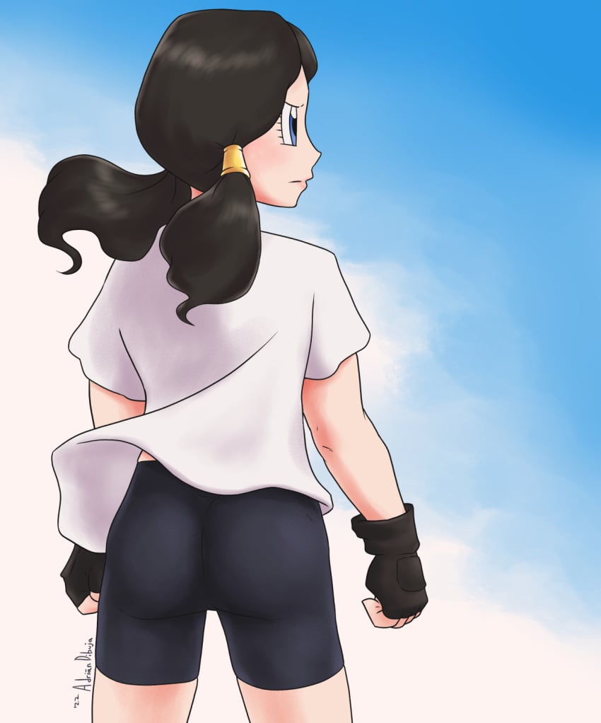 ass ass_focus bike_shorts dragon_ball dragon_ball_z eronimbus fully_clothed looking_away tagme tight_shorts videl videl_(long_hair) videl_(majin_buu_saga)