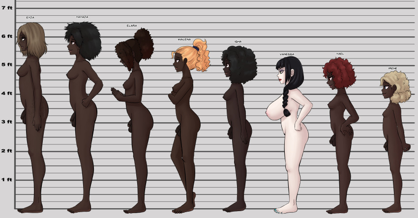 1woman 7futas black_hair busty dark-skinned_futanari futanari height_chart large_breasts miss_trust ms_trussed naked_female nude original_character original_characters pale-skinned_female pubic_hair umeyiyo vanessa_trust