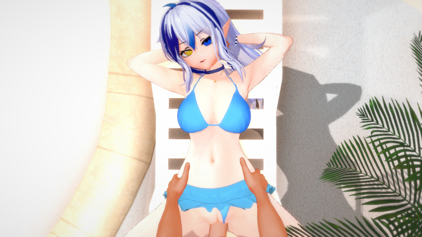 1boy 1girls big_breasts bikini blue_eyes blue_hair blush heterochromia holding_hands jesse_llum koikatsu light-skinned_female light-skinned_male long_hair looking_up maverick_30 missionary_position partially_clothed pointy_ears star_earrings straight tagme unseen_male_face vaginal_penetration vaginal_sex virtual_youtuber vtuber white_hair yellow_eyes