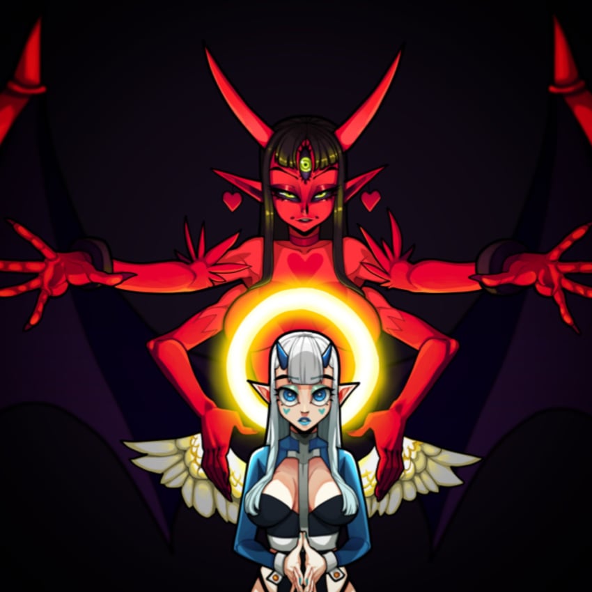 3_eyes 4_arms angel angel_wings big_breasts blue_pigment clothed_female demon halo horns long_hair multi_arm multi_eye multi_limb white_hair