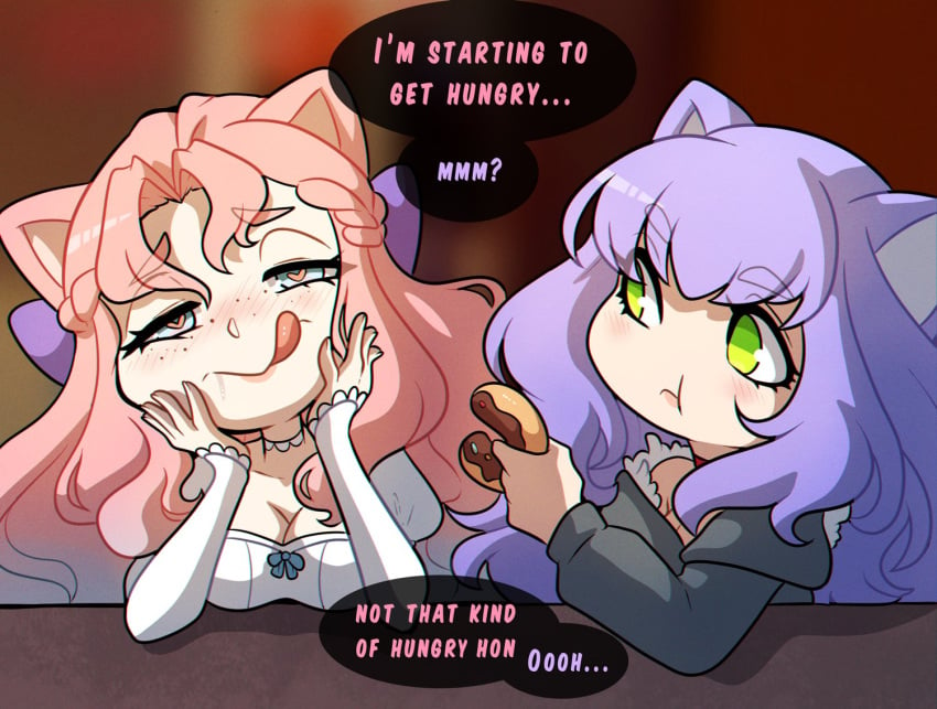 2girls :q blue_eyes blush cat_ears cat_tail catgirl comic_page dialogue donut eating english_text female female_only food freckles green_eyes heart-shaped_pupils hi_res kansa_(kinkymation) kinkymation licking_lips long_hair original pink_hair priscilla_(kinkymation) purple_hair smiling speech_bubble zodicat