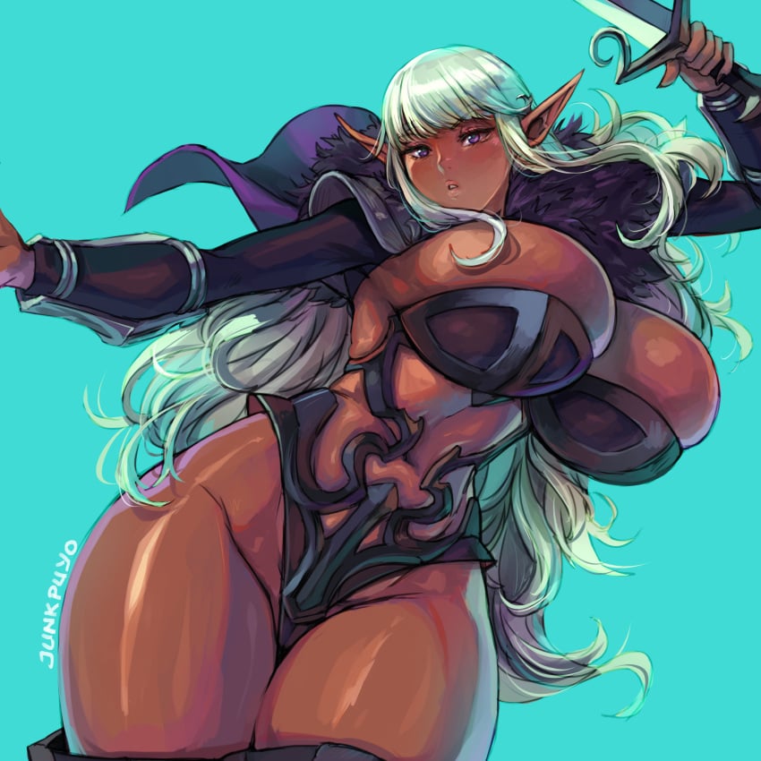 1girls absurdres arm_armor armor artist_name belly_button bikini_armor black_leotard black_nails black_sleeves blue_background breasts brown-skinned_female brown_skin bursting_breasts cleavage cowboy_shot curvy dark-skinned_female dark_elf dark_skin elf female fur_collar green_hair highleg highres holding_sword holding_weapon huge_breasts junkpuyo leotard long_hair long_sleeves narrow_waist navel navel_cutout parted_lips pointy_ears purple_cape purple_eyes railanor_(unicorn_overlord) revealing_clothes short_cape shoulder_armor shoulder_pads sidelocks simple_background skin_tight solo sword thick_thighs unicorn_overlord wavy_hair weapon wide_hips