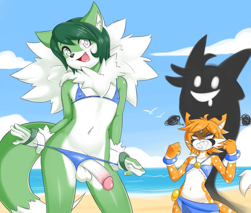 anthro balls beach bikini clothing dameeji dragontheshadows erection feline femboy girly humanoid_penis male male_only mammal melyss outside penis seaside shadowill swimsuit swimsuit_aside