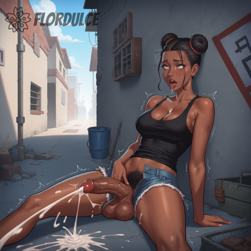 2020s 2024 ahe_gao ai_generated alley alleyway balls black_hair black_tank_top brown_eyes city cleavage cum cumming cumshot dark-skinned_futanari dark_skin denim_shorts double_bun drool drooling ejaculation erect_penis erection flordulce futa_only futanari open_mouth orgasm outdoors penis pubic_hair rolling_eyes short_shorts shorts sitting solo_futa space_buns spread_legs tank_top testicles tongue tongue_out trembling unzipped_shorts