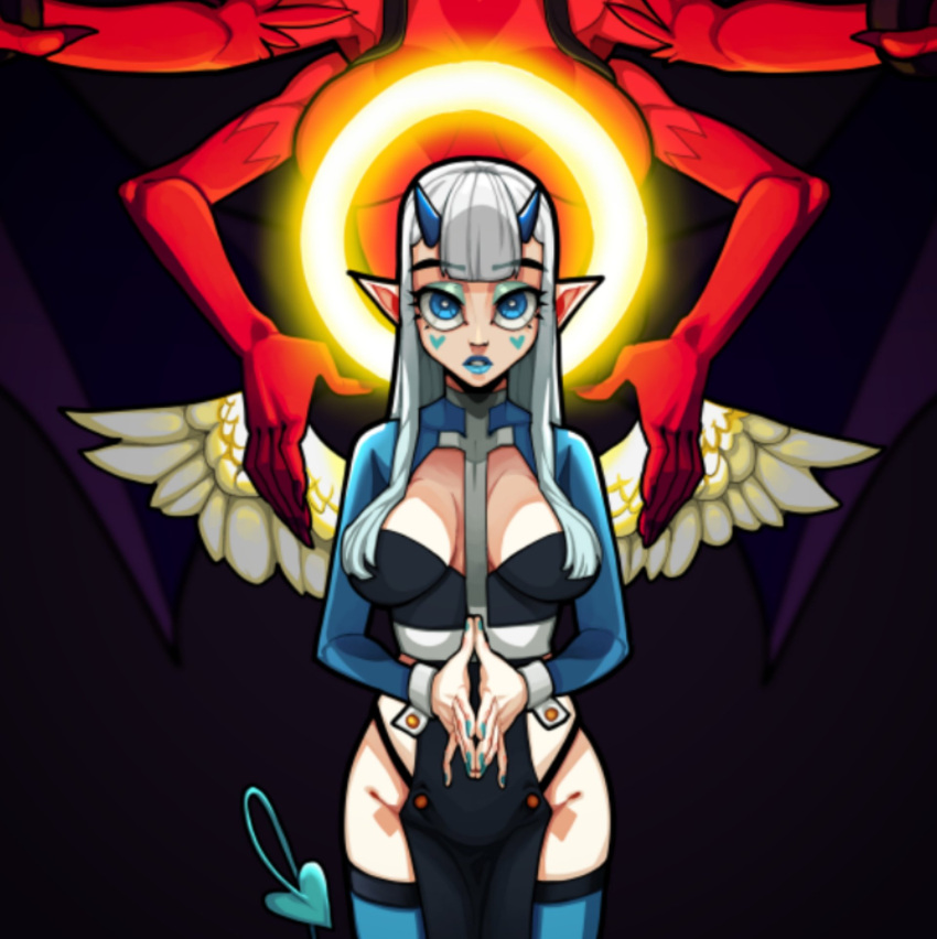 angel angel_wings big_breasts blue_pigment clothed_female halo horns long_hair white_hair