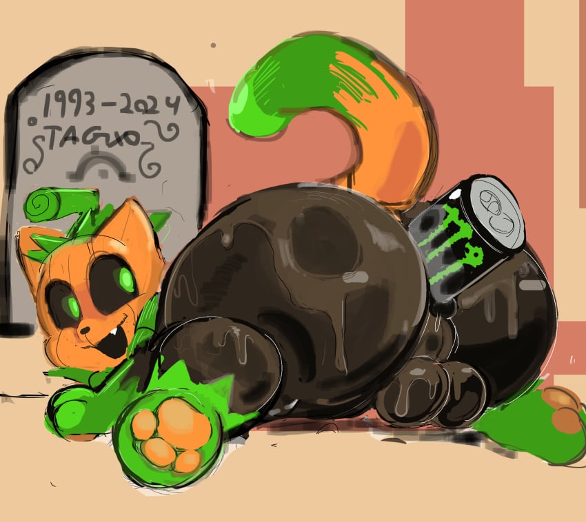 ass big_butt domestic_cat felid feline felis feral for_a_head hi_res huge_butt male mammal monster_energy object_head object_in_ass pumkat pumpkin_head solo tagxo_(artist) tombstone